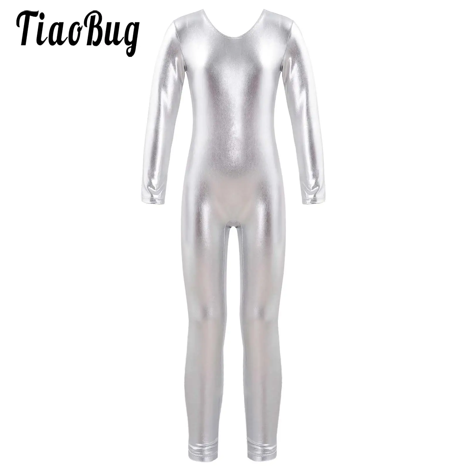 

Kid Girl Shiny Metallic Gymnastics Leotard Long Sleeve Jumpsuit Bodysuit Leotard Dance Unitard Dancewear Performance 4-14 Years