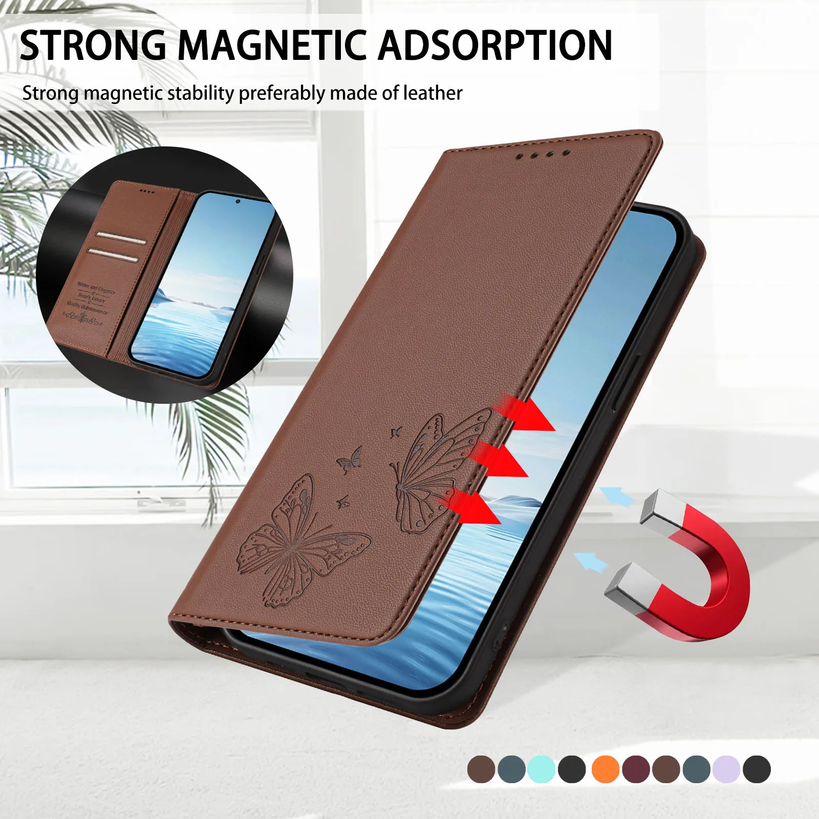 Elegant Double Butterfly Leather Wallet Case with Magnetic Closure and Card Slots