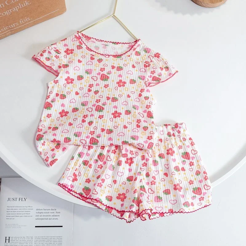 

2023 girls' summer new small flying sleeves floral sweet dollar collar pullover shorts home service suit
