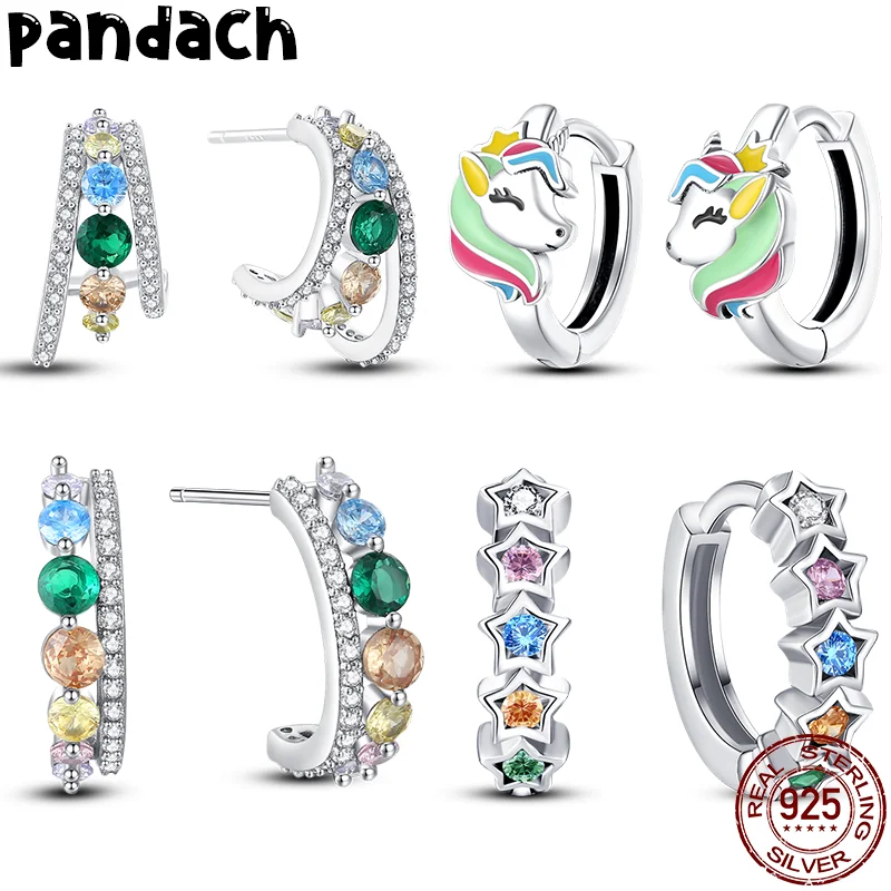 

100% 925 Silver Earrings For Women Fashion Rainbow Pony Ear Studs Cubic Zircon Colored Star Earrings Silver 925 Original Jewelry
