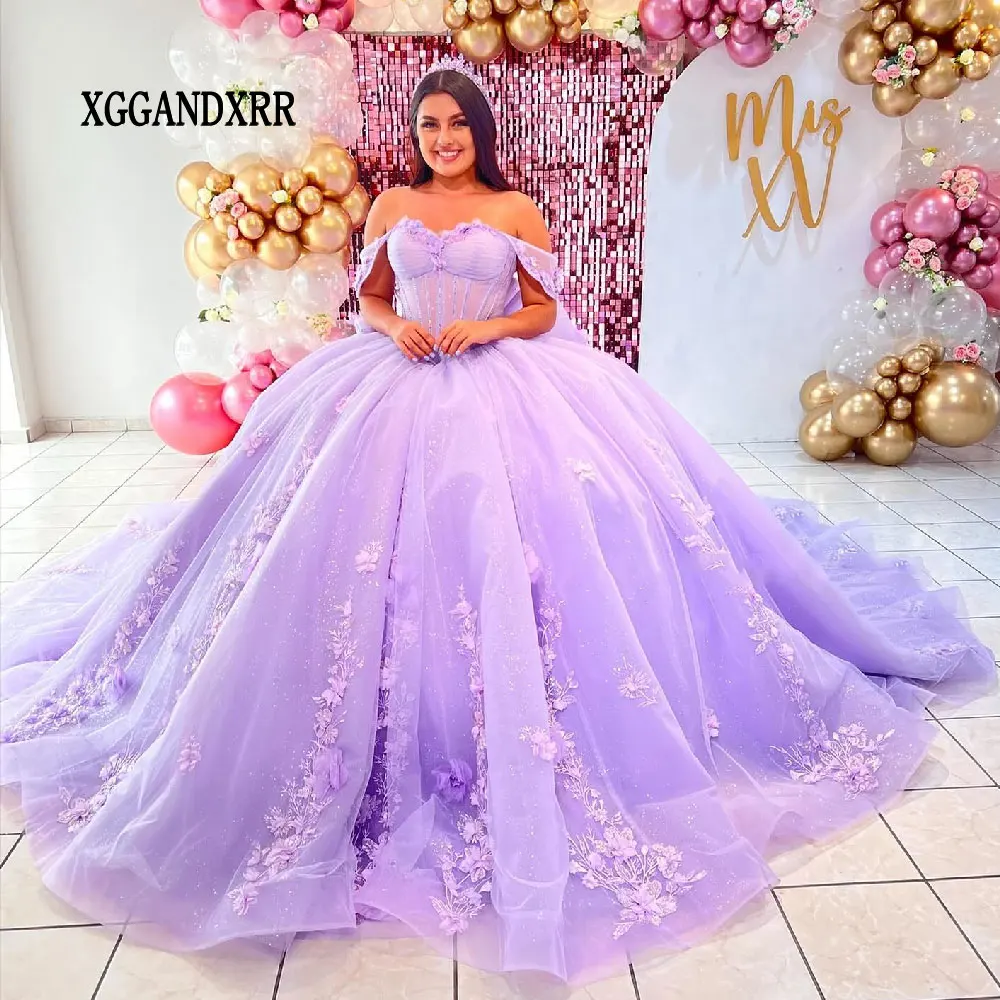 

Lavender Tulle Quinceanera Dress 2024 Long Train Purple Vestidos De 15 Años Ball Gown Sweet 16 Birthday Party Gown Pageant Miss