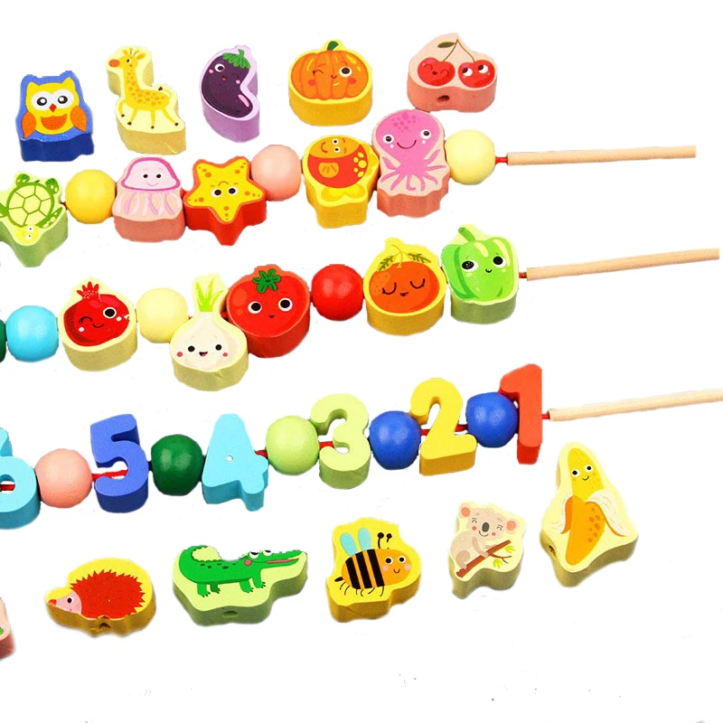 Wooden Toys Baby DIY Toy Cartoon Fruit Animal Stringing Threading Wooden beads Toy Monterssori Educational for Kids
