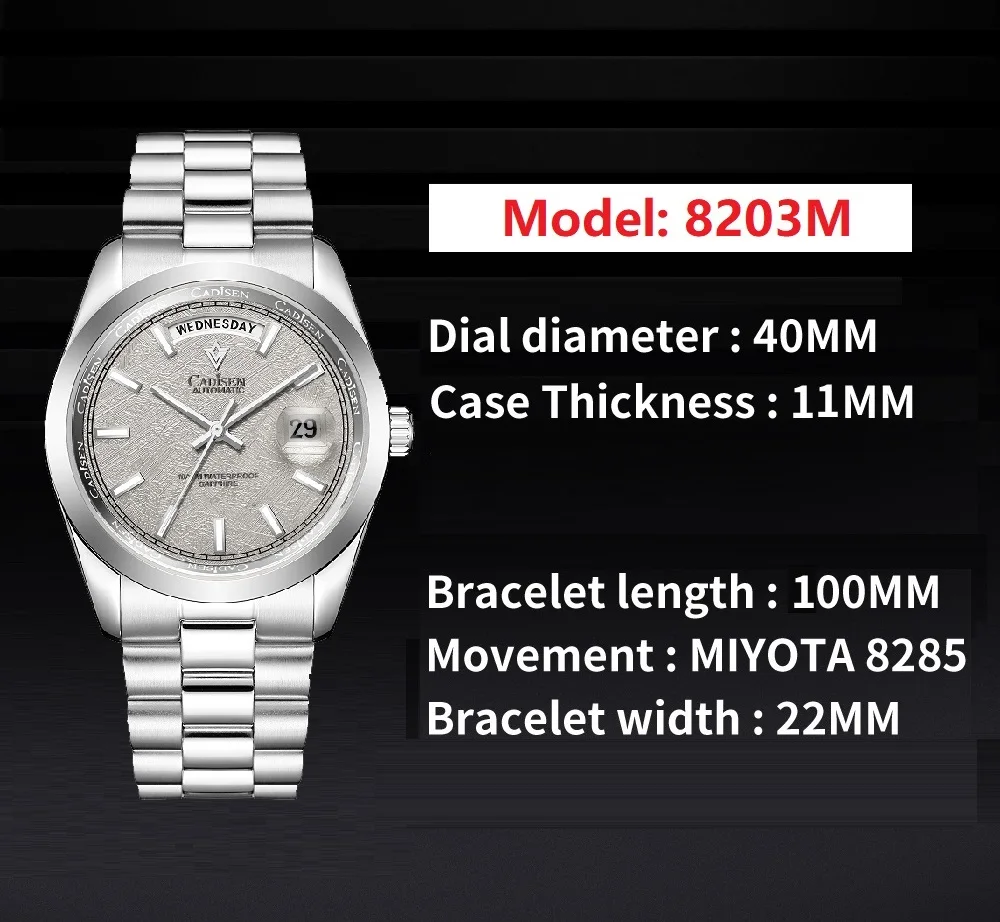CADISEN Watch for Men 2022 New C8203 Japan Miyota-8285 Movement Mechanical Watches Stainless Steel Waterproof Automatic Watches