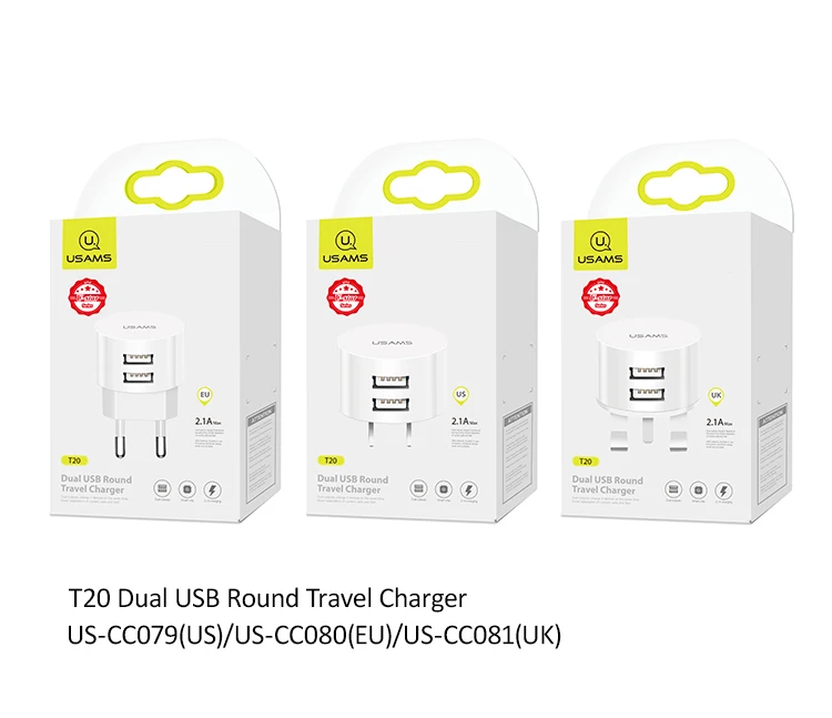 5v 1a usb USAMS 5V 2.1A Mini Round US EU UK Plug Dual Ports Phone Charger For iPhone iPad Samsung Xiaomi Basic Charge Travel Charger 65w charger phone