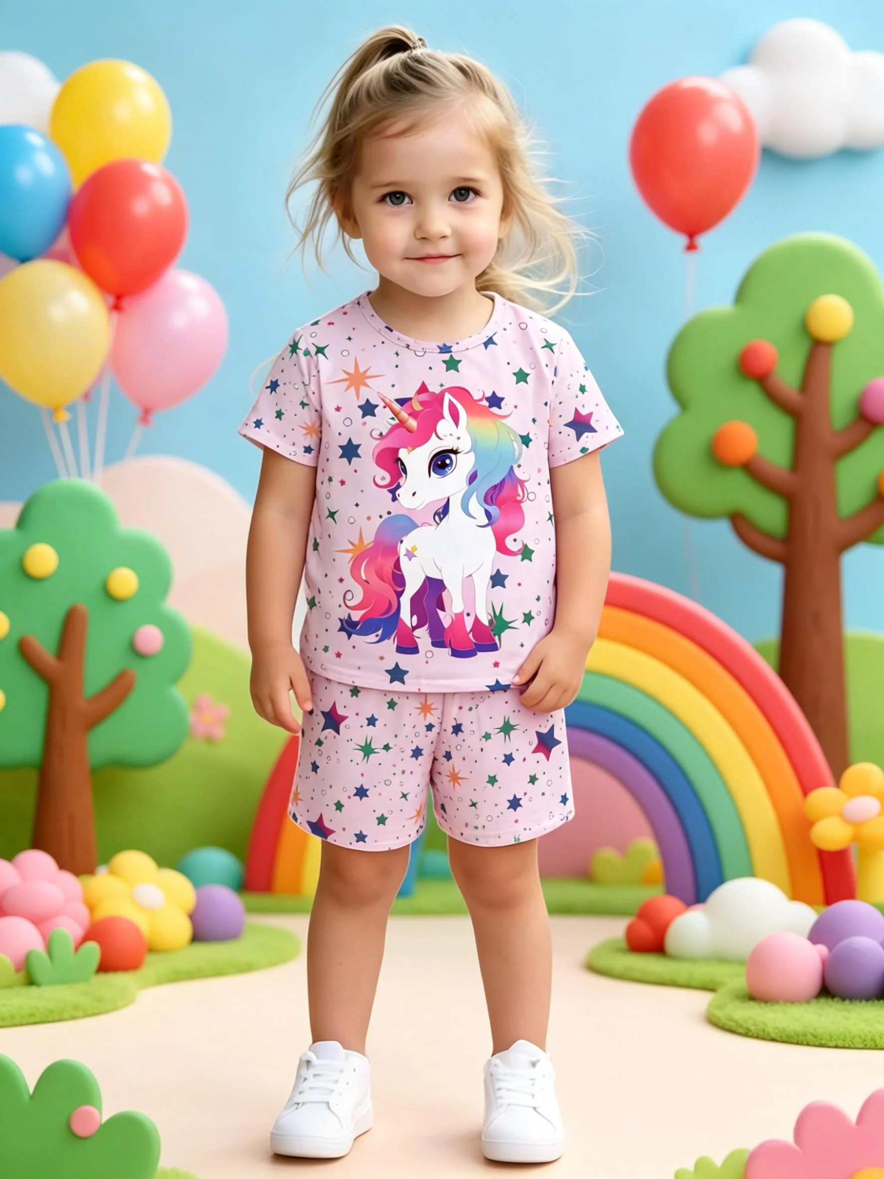 Set mit Einhorn-Print für Mädchen, rosa, kurzärmelig, mit Stern-All-Over-Print, Shorts im süßen Stil