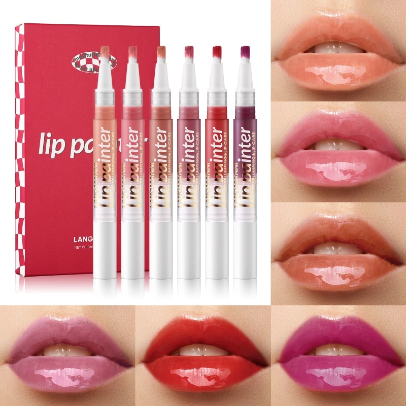 Shimmering Lip Gloss with Twistable Lasting Liquid Lipstick Moisturizing Texture Soft Brush Applicator LANGMANNI