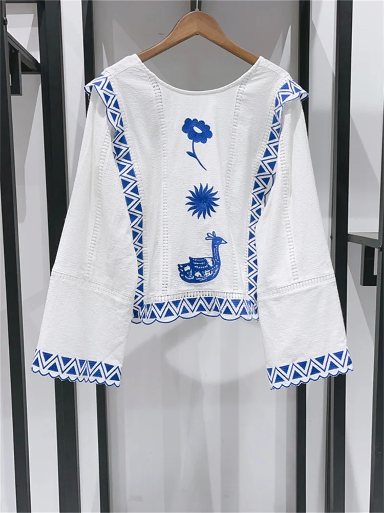 

Женская винтажная блузка из 100% хлопка, с кружевной вышивкой, круглым вырезом и расклешенными рукавами, двухсторонняя одежда, осень-зима 2024