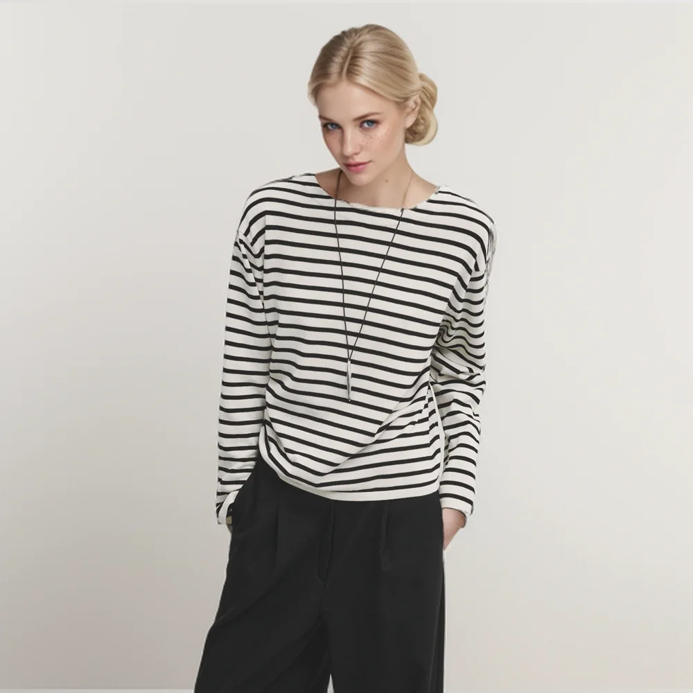 

PB&ZA 2024 Summer Women's Casual Lazy Style Striped Comfortable Round Neck Sweater Long Sleeve Knitwear