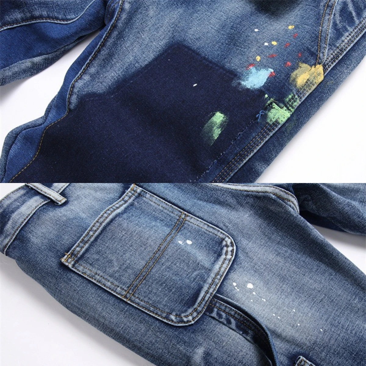 Splatted Ink Paint Dotted Jeans Men's Graffiti Popular Bleached Slim Fit Spotted Dotted High Elastic Ragged Edge Pants Splicing