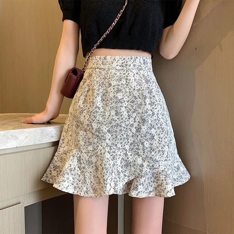 Floral A-Line Short Skirt Women Summer 2021 New Fashion Knitted Ladies High Waist Print Design Hip Fishtail Mini Skirts Tide tulle skirt