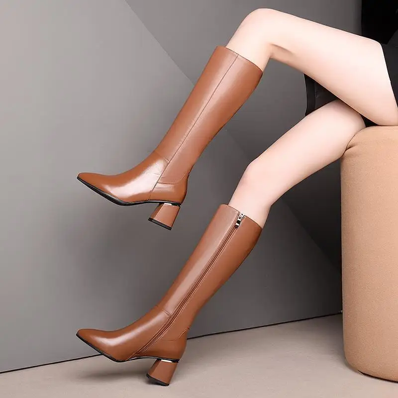 Women Long Winter Knee High Shaft Leather Boots Fur Brown Pointed Toe Chic and Elegant Fashion Shoes women knee boots