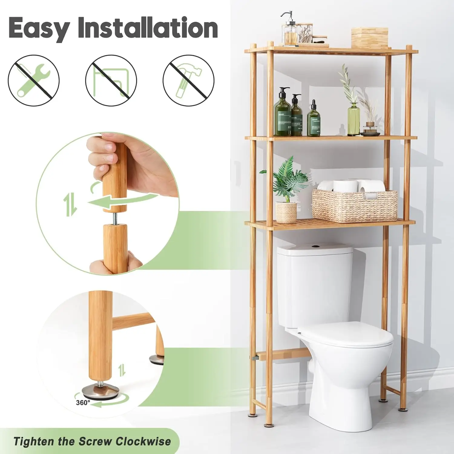 Over Toilet Storage Shelf. 3-Tier Bamboo Organizer. Freestanding. Bathroom, Laundry. Space Saver. Natural Color.
