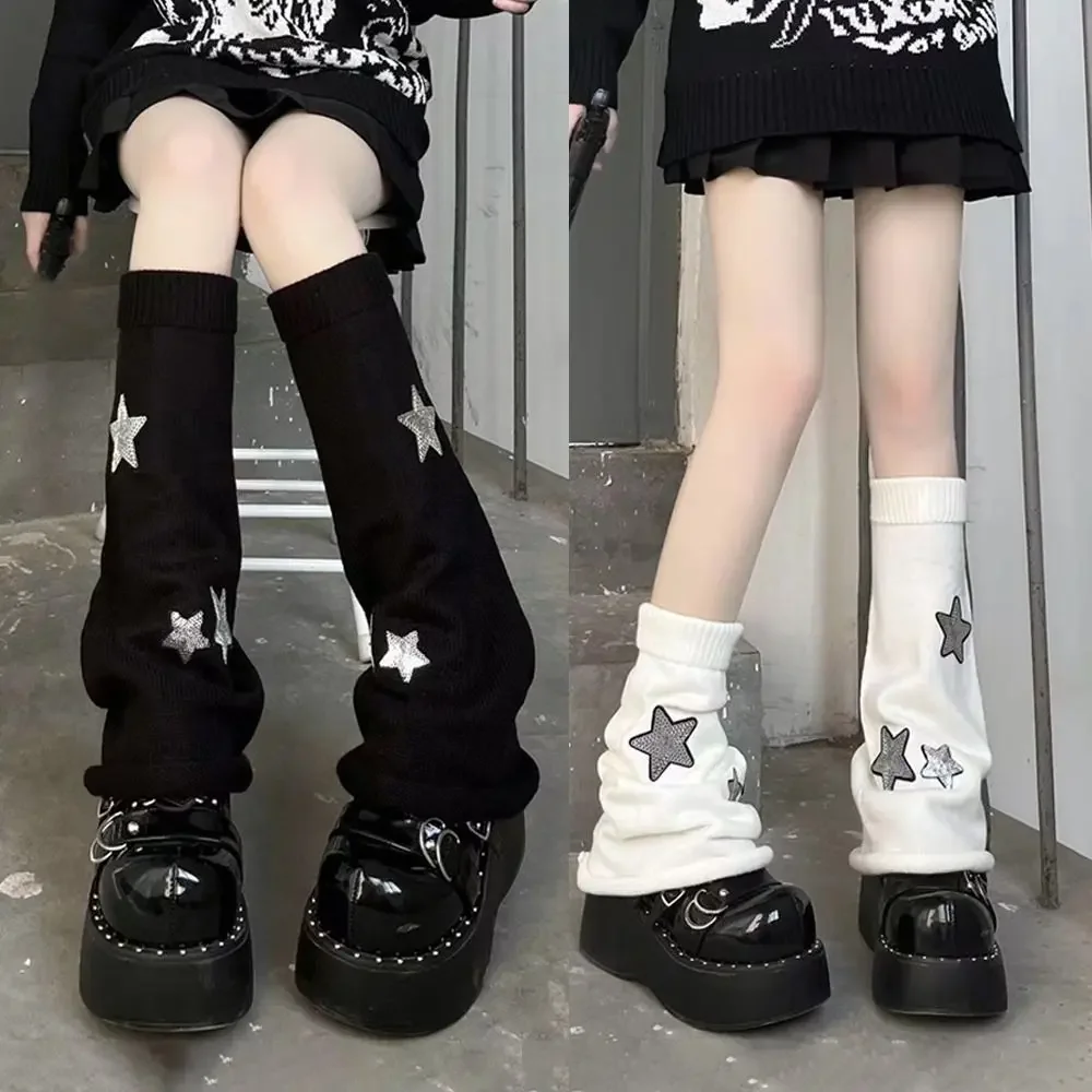 Star Knitted Leg Warmers Black White Grey Winter Warm Cotton Thigh High Stockings Elastic Warm Thigh Knitted Boot Stockings