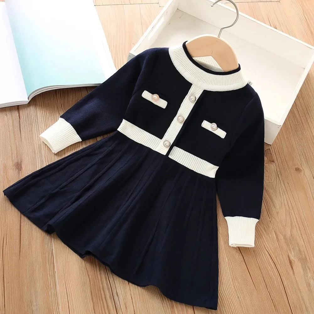

Spring and Autumn Girls' Baby Sweater Knitted Dress Winter Clothing New Fashionable Children's Solid Color Long Dress
