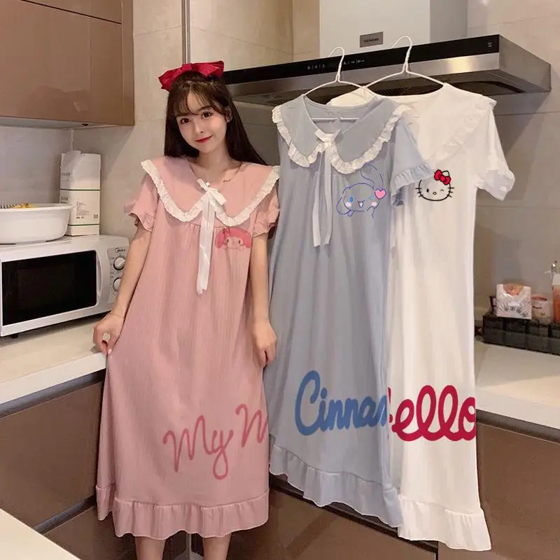 

New Sanrios HelloKittys Cinnamoroll My Melody Women's Korean Ruffled Nightgown Summer One-piece Pajamas Short-sleeved Loungewear