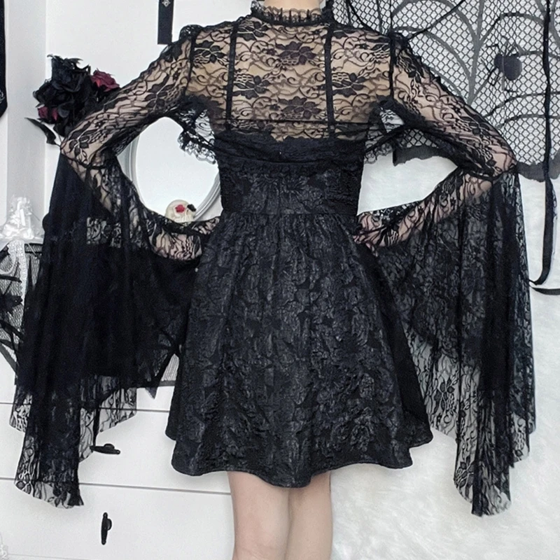 Women Tie Front Shrugs Long Sleeve Cropped Lace Sheer Boleros Shrug Cardigan P8DB