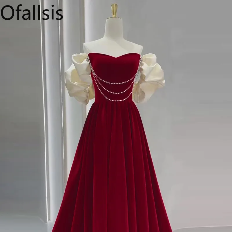 

Ofallsis Wine Red Velvet Cocktail Dress Bride 2024 Spring New Elegant Gentle Strapless Wedding Engagement French Style Dresses