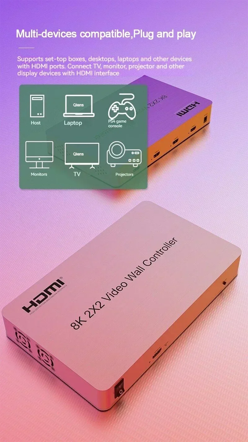 8K 2x2 비디오 월 컨트롤러 4 TV 스플라이서 멀티 스크린 접합 HDMI 비디오 월 프로세서 (미디어 플레이어 프로젝터 광고용)