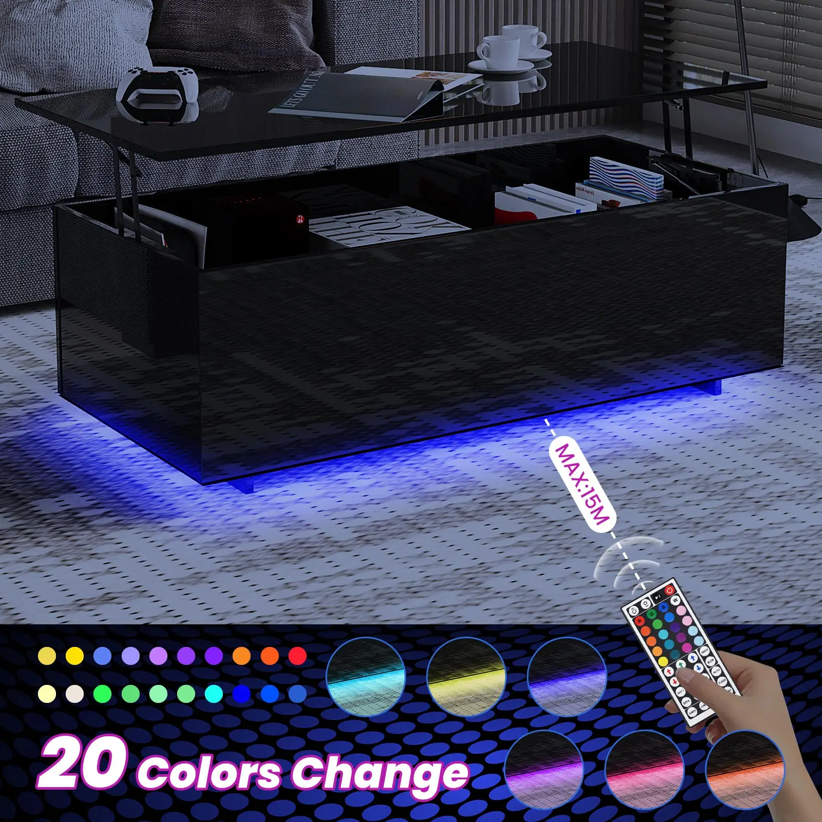 Led Lift Top Table for Living Room, High Gloss Coffee Table with Hidden Storage, 47 inch Modern centre