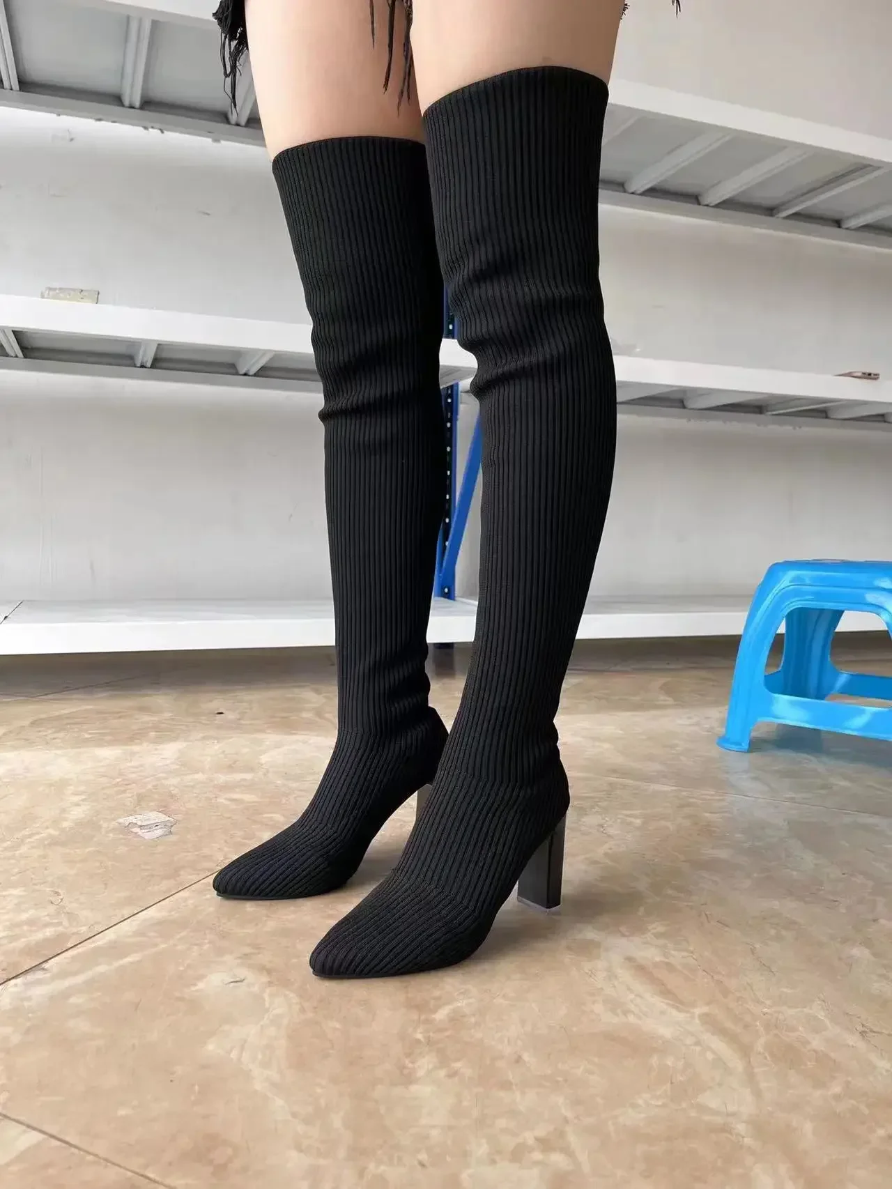Women High Heel Boots Autumn Winter Pointed Thick Knitted Over-the-knee Elastic Wool
