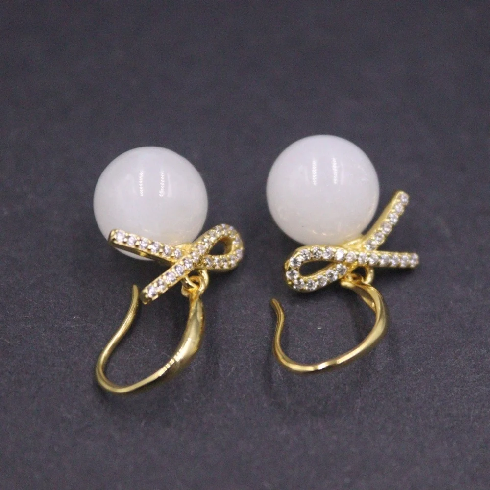 Real Solid 925 Sterling Silver Dangle Natural Jade Bead Zircon Bow Tie Women Lucky Earrings