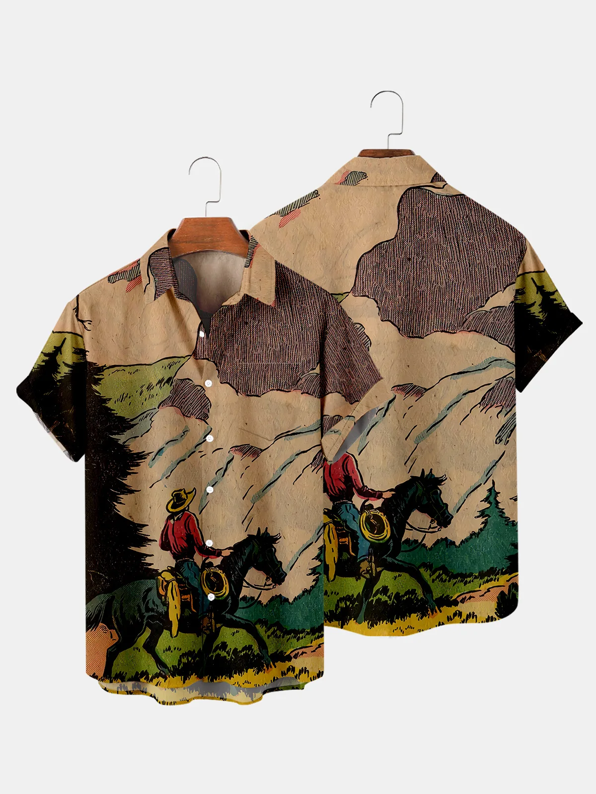 Hawaiian Cowboy Men's Shirt Cool 3D Digital Print Plus Size Western America Men's Top With Pocket Vintage Style Summer Outerwear