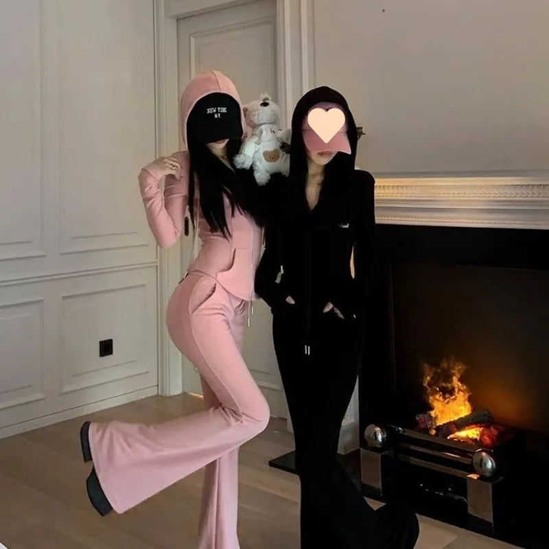 Casual Sportswear Set for Women Autumn Fashion Hoodie Jacket Flared Pants Two-Piece Set Comfortable Streetwear Outfit - 2