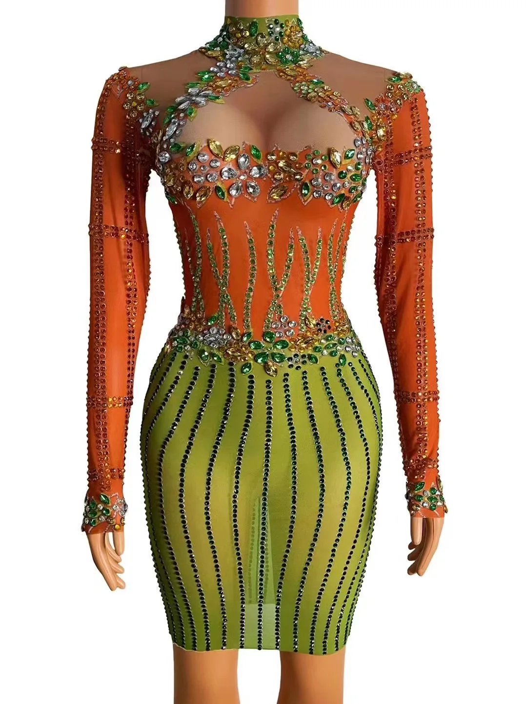 

OrangeGreenCrystalTransparentShortDressesforWomenDancerPromShow CostumeEveningBirthdayCelebrateMeshDress