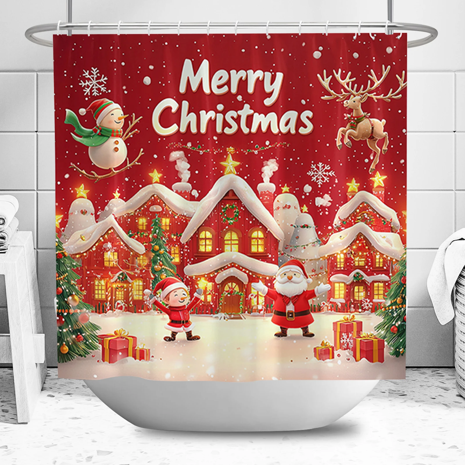 4Pcs Christmas Shower Curtain Set with Rug Toilet Lid Cover Bath Mat Bathroom Decoration Set Non-Slip Funny Shower Curtain Set