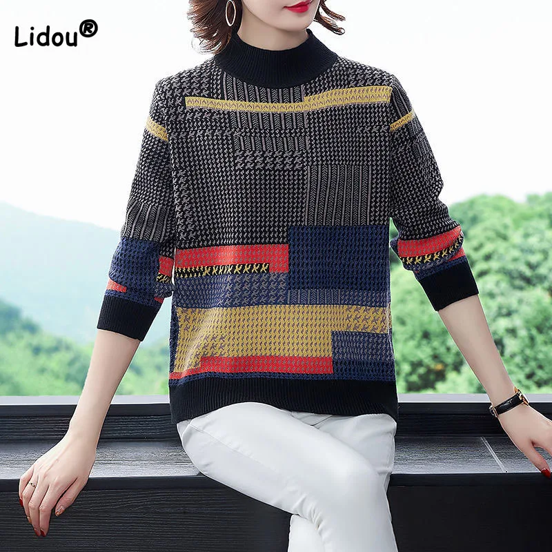 

Female Casual Half High Collar Patchwork Sweaters 2023 Autumn Winter Fashion All-match Long Sleeve Knit Tops Women's Clothing