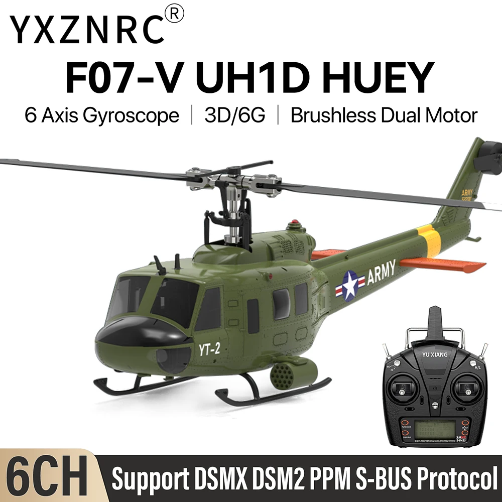 2025 신형 YUXIANG RC 헬리콥터 F07-V UH-1 6축 자이로 6채널 3D 비행 1:34 스케일 휴이 듀얼 브러시리스 모터 무선 조종 비행기