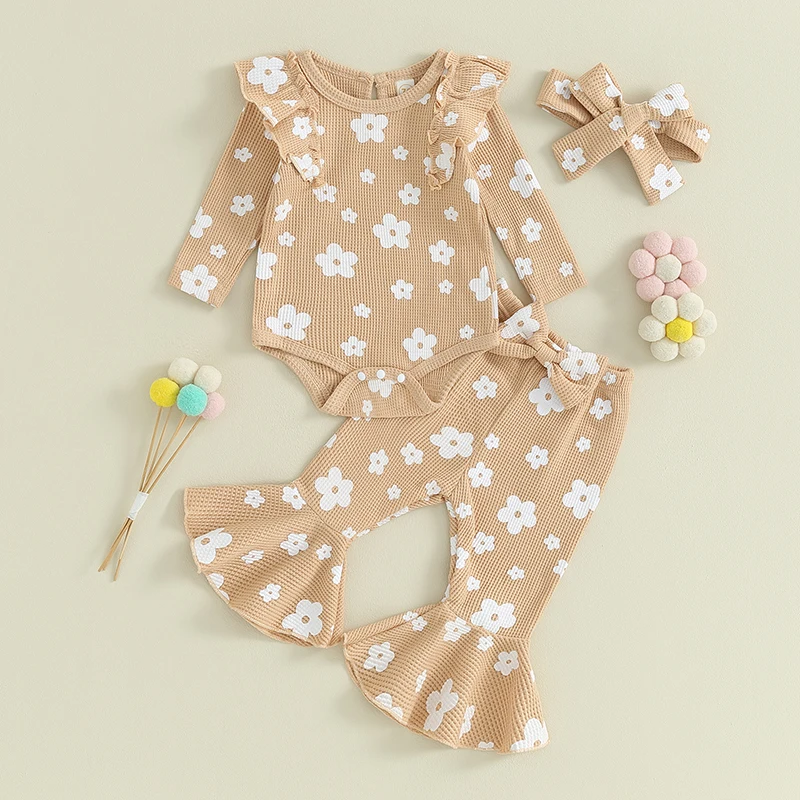 

Newborn Girl Fall Waffle Clothes Flower Print Long Sleeve Romper Flare Pants Bow Headband Outfit