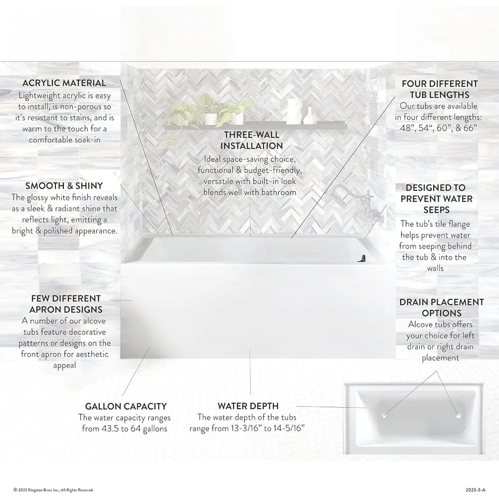 60-Inch Contemporary Acrylic Bathtub with Right Hand Drain and Overflow Holes Acrylic Construction Effortless Installation 2
