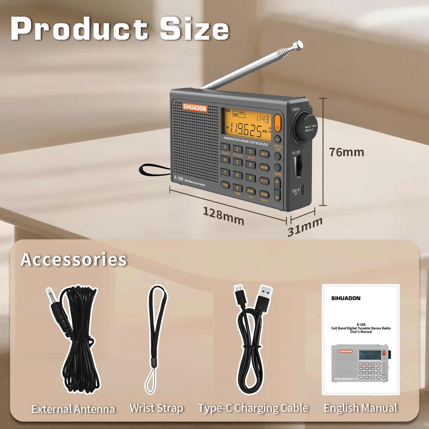 Portable Radio SIHUADON R108 DSP AM FM SW Airband 500Presets Alarm Sleep Timer Temp LCD BL5C Type-C Antenna Gift Elder Travel
