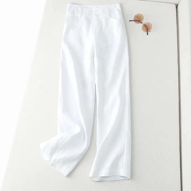 2023 Spring Summer New Solid Color High Waist Wide Leg Trousers Women Elastic Waist Zipper Button All-match Cotton Hemp Pants