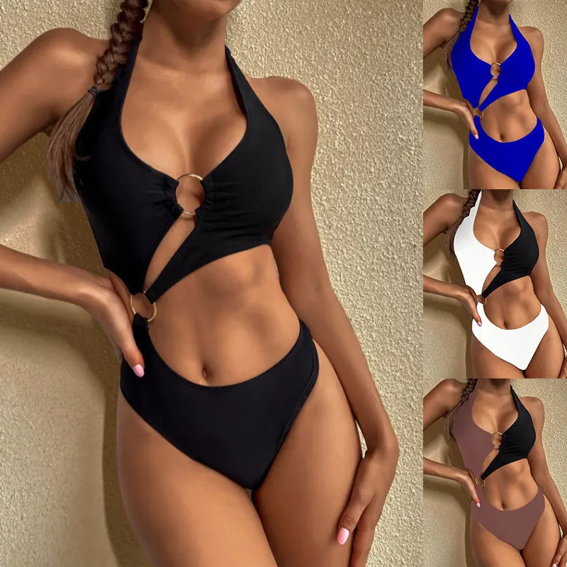 

Europe and America Hollowed Out Solid Metal Ring Triangle Neck Halter Sexy One-piece Swimsuit Hot Spring Swimsuit Bikini Set