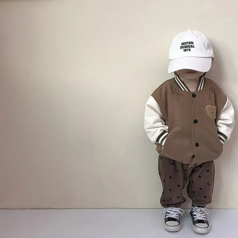New Chidlren Girls Cartoon Bear Jackets Long Sleeve Fleece Coat Warm Fall Kids Boys Beseball Outwear Winter Toddler Clothi