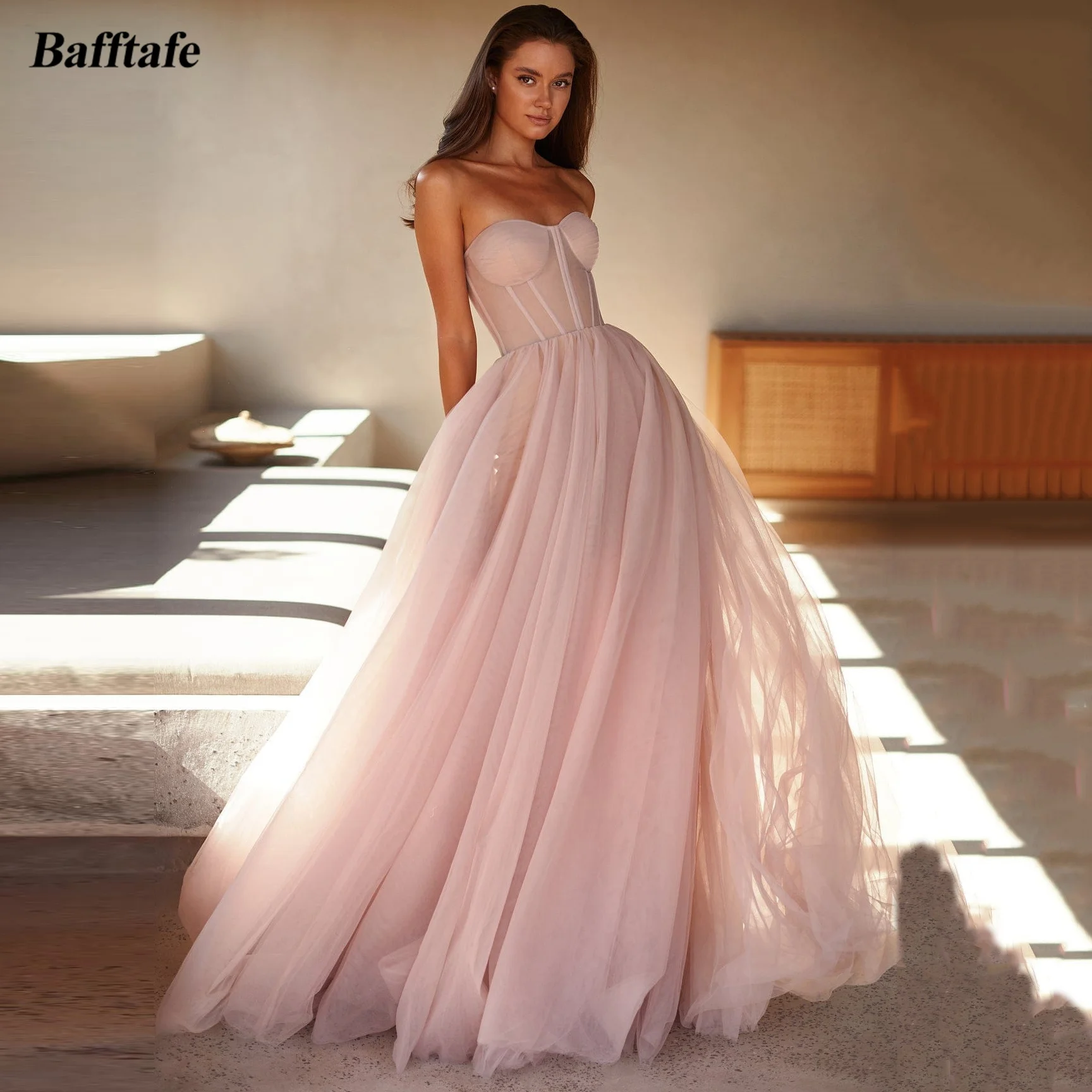 

Bafftafe Simple A Line Soft Tulle Formal Prom Dresses Transparent Top Corset Back Evening Dress Women Special Occasion Gowns