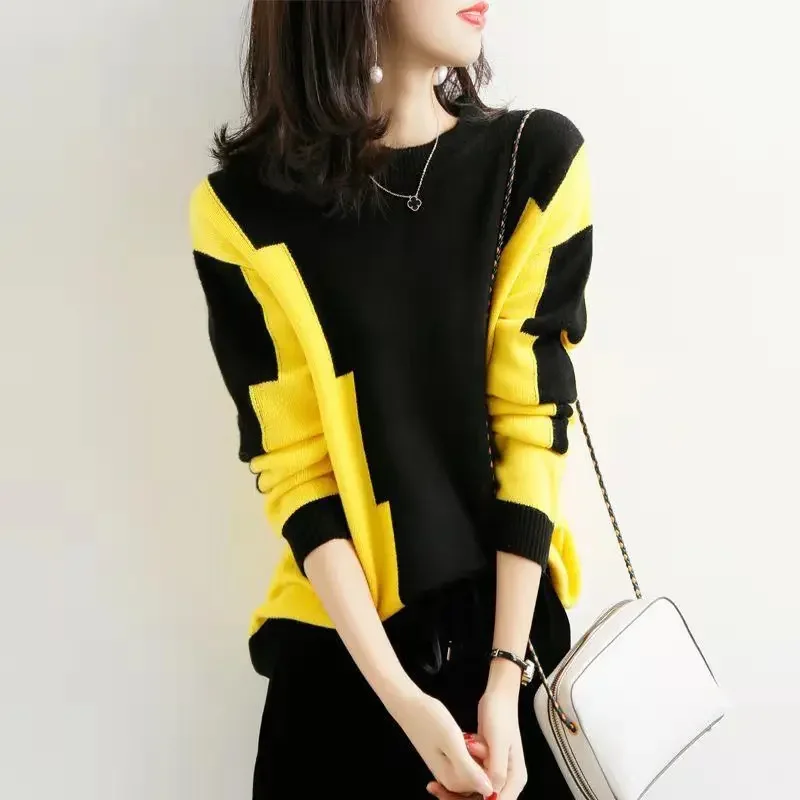 

Autumn Winter Casual Round Neck Jumpers Stylish Contrasting Colors Spliced Korean Female Clothing Vintage Knitted Sweaters Z69