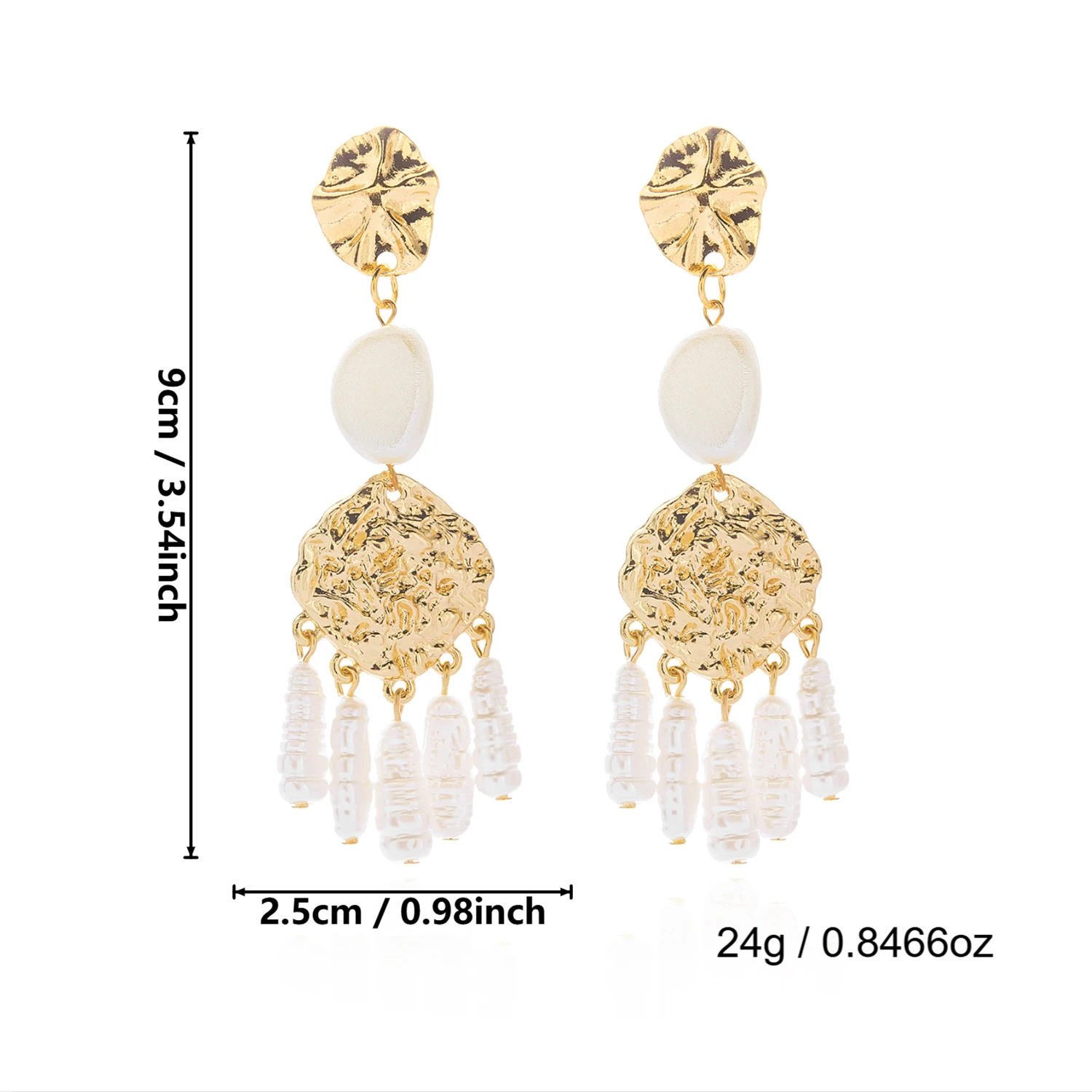 Mehrschichtige Perlenmuschel-Quasten-Ohrringe für Damen, elegante goldfarbene Korallen-Geometrie-Hängeohrringe, Sommer-Strandschmuck – Detail 9