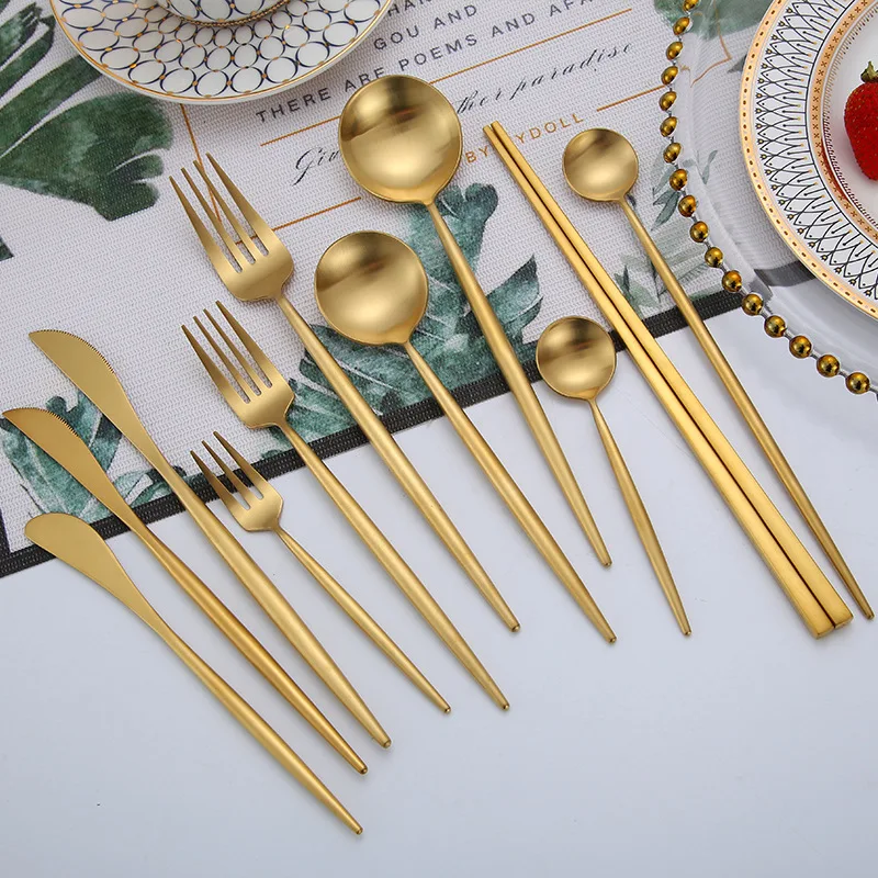 Matte Gold 18/10 Stainless Steel Luxury Cutlery Dinnerware Tableware Knife Spoon Fork Chopsticks Flatware Set Dishwasher Safe