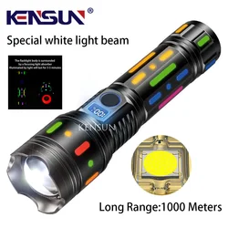 High Power Long Range LED Flashlight With Fluorescent Film Powerful Bright Tactical Torch Display Rechargeable Battery Lantern