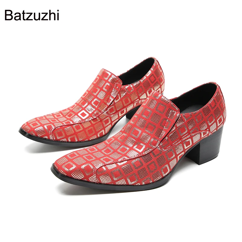 Batzuzhi 6.5CM High Heels Men's Shoes Pointed Toe Red Genuine Leather Dress Shoes Men Slip on Fashion Party/Wedding Shoes Men
