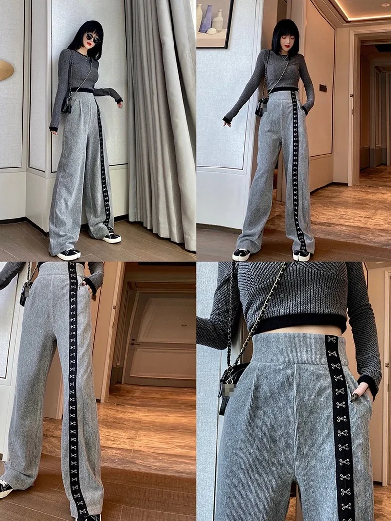 Thick Loose Straight Broad-legged Pants Women's Autumn and Winter 2022 Gray Striped Sweatpants Casual Sporty Trousers Harajuku