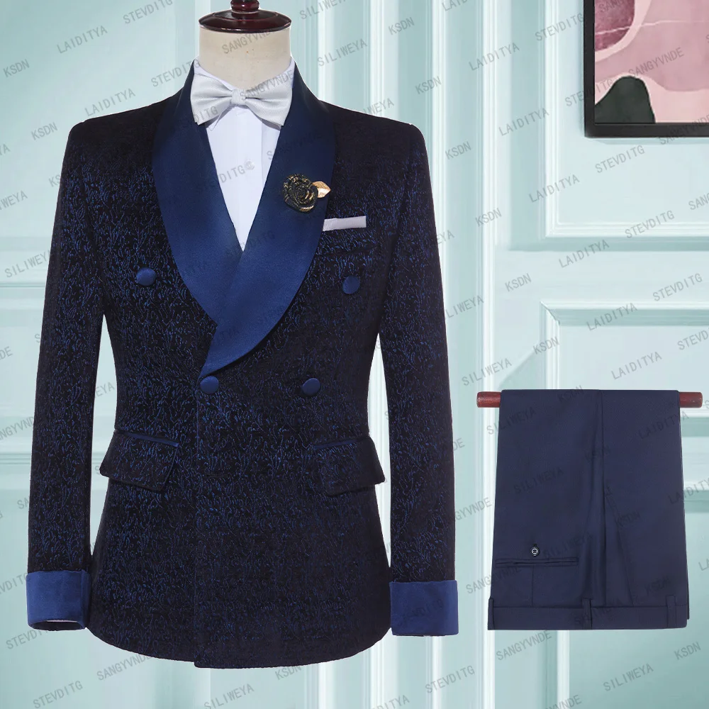 Tailor Made Men Suit 2 Pieces Classic Navy Blue Jacquard Wedding Suit