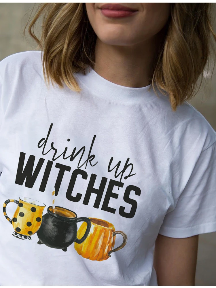 

Drink Up Witches Pumpkin Cup Print Women T Shirts 2020 Halloween Grunge Harajuku Graphic T-shirt Casual Short Sleeve Tees Tops