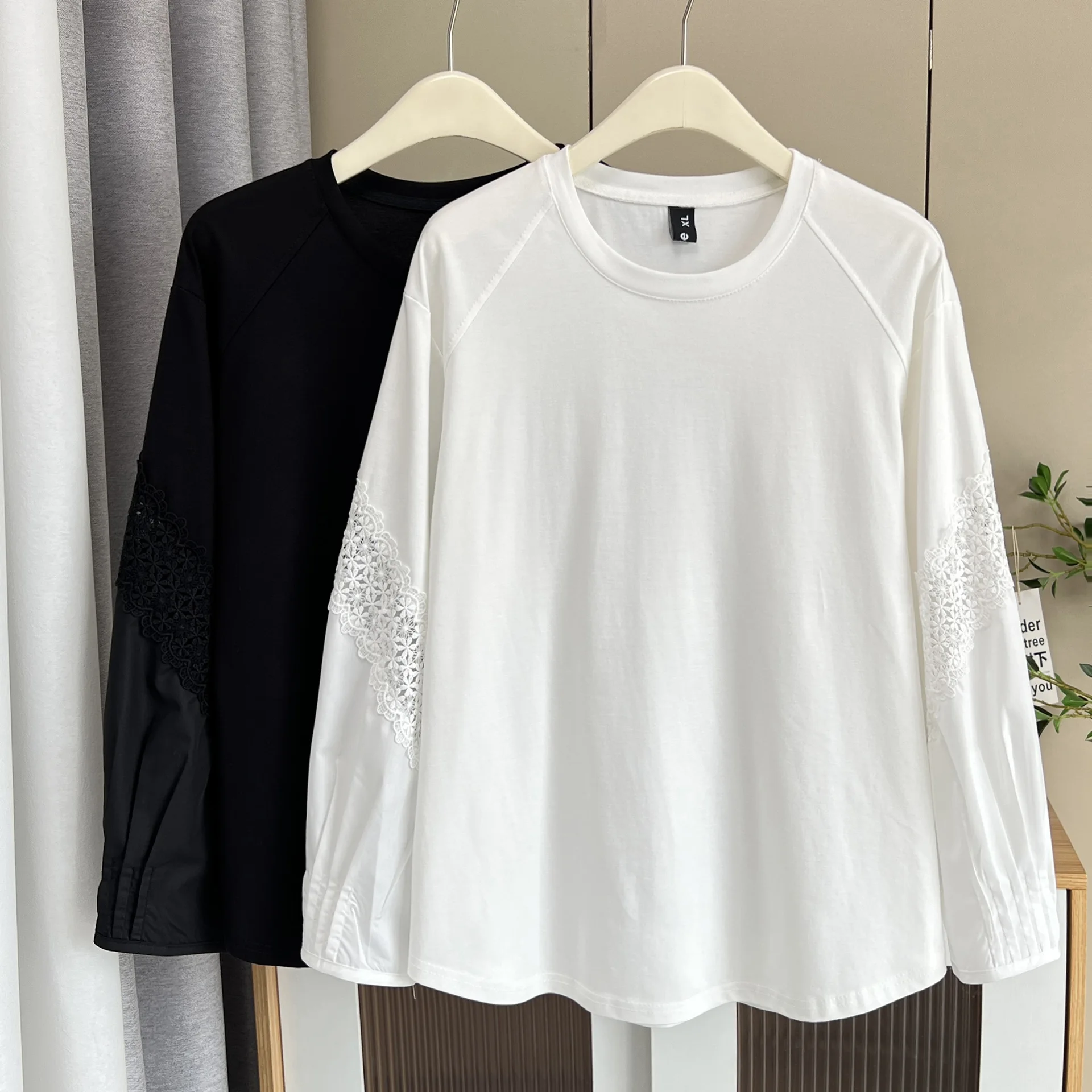 Fashion Plus Size Women's Tops For The Autumn 2025 Lace Patchwork Long Sleeve Stylish Ponte De Roma Knit Fabric T-Shirt 953