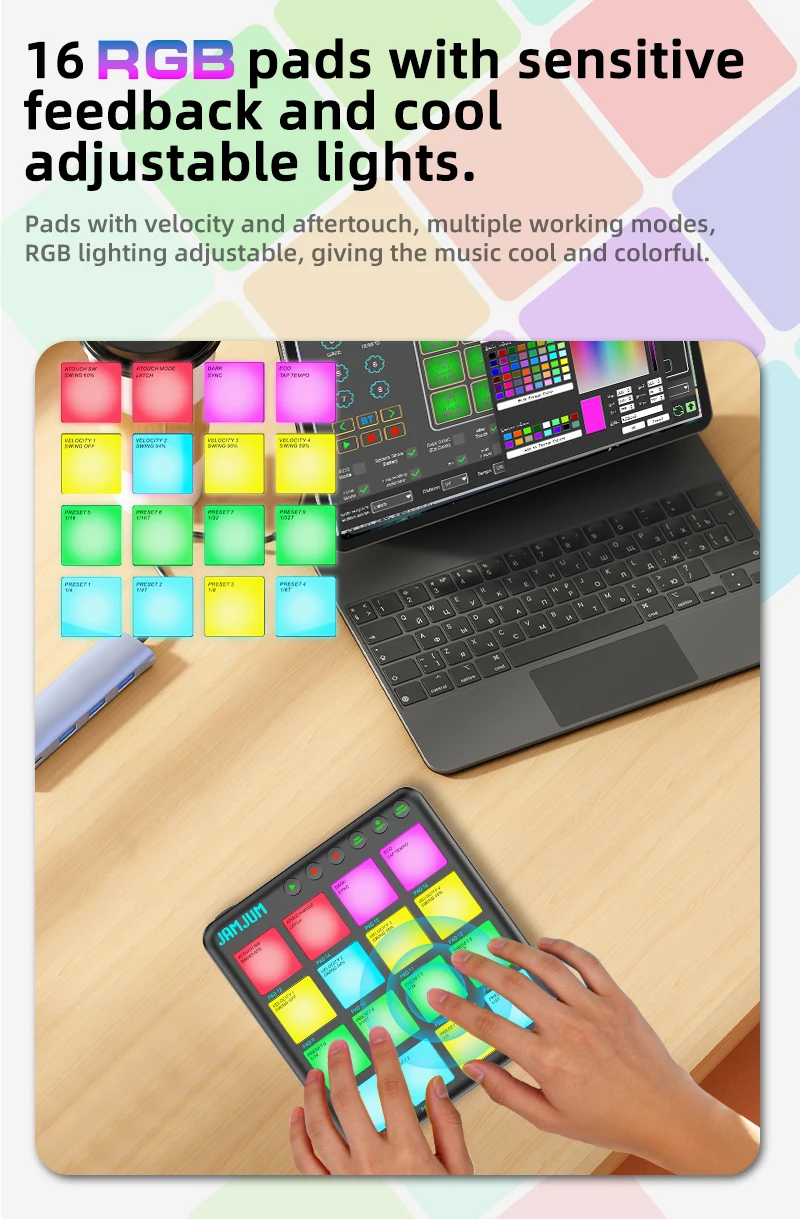 JAMJUM POCKET Beats Kabelloser MIDI-Pad-Controller - 16 RGB-Pads, Bluetooth, Tragbar mit Akku-Betrieb für Musikproduktion – Detail 4
