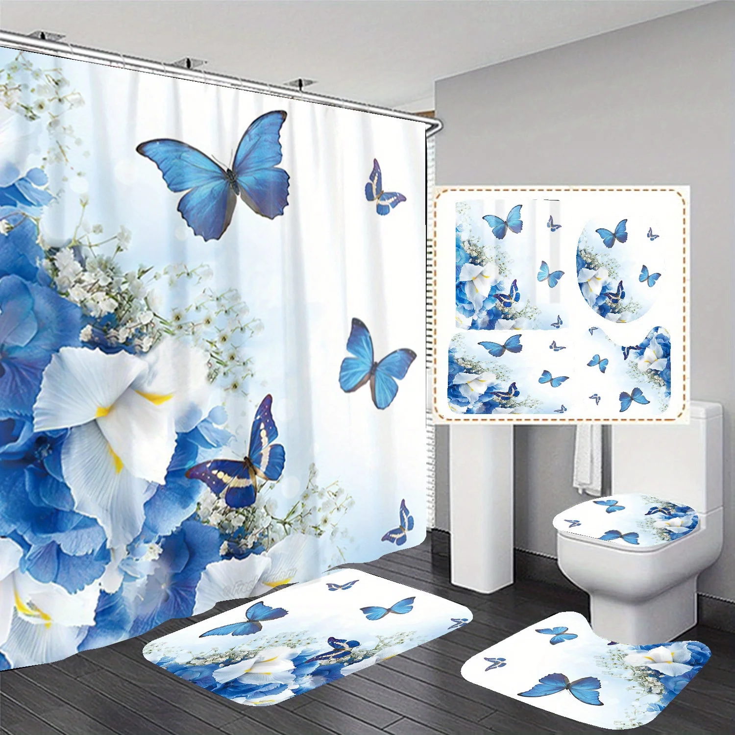 

4pcs Blue Butterfly Flowers Shower Curtain Waterproof Non-Slip Decor 12 Hooks Bathroom Rug Toilet Lid Cover Pad Toilet U-Shape