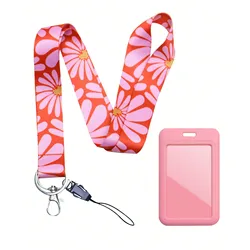 Elegant Pink Daisy Lanyard with ID Holder and Keychain Accessory (Red)